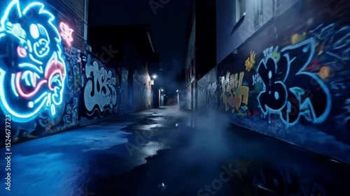 Vibrant Neon Graffiti Lights up a Lively Urban Alleyway at Night