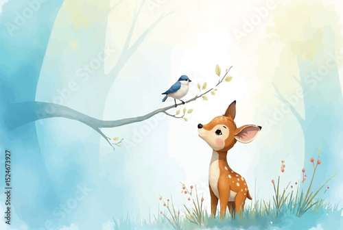 Watercolor of a gentle fawn with white spots gazing at a blue bird in a dreamy blue forest—whimsical and peaceful.

