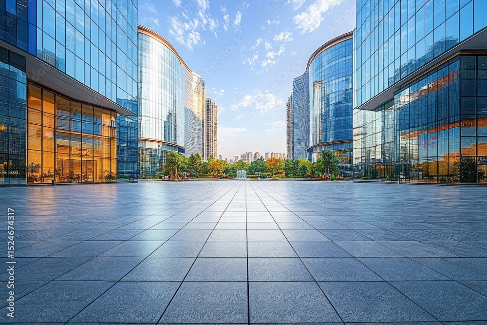 Fototapeta premium Modern glass office buildings with reflective blue windows surrounding a spacious tiled plaza and greenery under a bright blue sky with scattered clouds