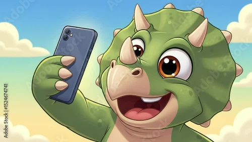 Funny green cartoon baby triceratops with a cute smile holding smartphone calling her mother she looks happy