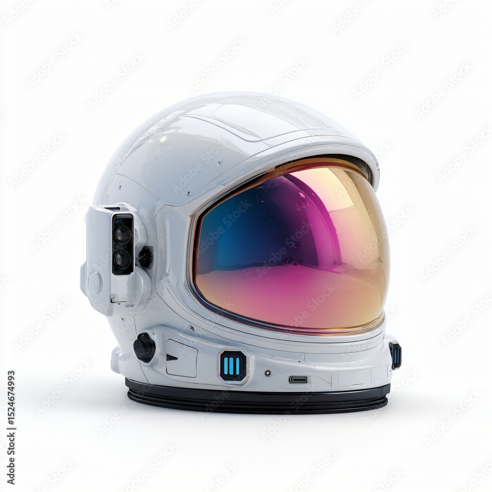 Fototapeta premium Futuristic astronaut helmet gleams, showcasing a holographic visor with vibrant blue and pink hues.