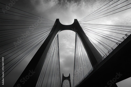 Dramatic black and white photo of a modern suspension bridge with tall twin towers and cables extending to the sides under a cloudy sky