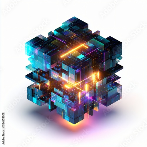 Futuristic data cube comprised of neon geometry with a glowing effect on a stark white background. photo