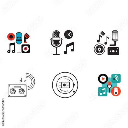 Retro Music Icons Vintage Microphone, Vinyl Records, and Cassette Tape Designs