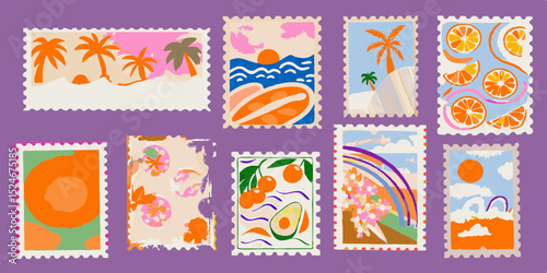 Collection of colorful postage stamps featuring tropical themes fruits and landscapes on a solid purple background creating a vibrant and whimsical