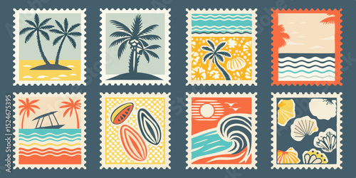 Collection of Eight Vintage Style Summer Themed Postage Stamps Featuring Palm Trees Surfboards Seashells Waves and Tropical Beach Scenes with Retro