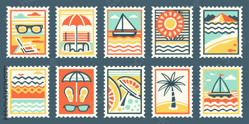 Collection of Ten Colorful Summer Vacation Themed Postage Stamps Featuring Beach Scenes Sailboats Palm Trees Sunglasses and Other Summery Elements on