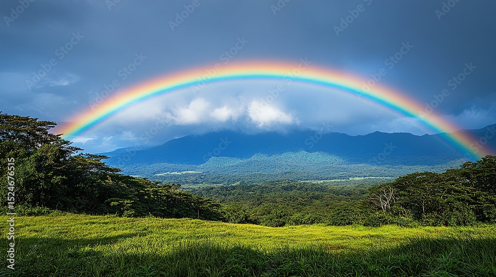Tropical Rainbow Arching Over Lush Valley Tropical Rainbow Arching Over Lush Valley