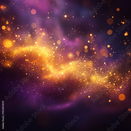 Abstract cosmic scene with glowing golden particles swirling over a deep purple and black background creating a sense of mystery and wonder
