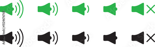 speaker, volume, mute, sound, audio, level, icon, set, collection, graphic, design, element, symbol, loud, quiet, off, on, sound waves, vector, illustration, flat, simple, digital, interface, ui