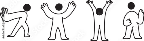 human, figures, poses, line art, vector, illustration, black and white, minimalist, abstract, people, activity, gesture, arm raised, walking, running, greeting, happy, dancing, joy, simple, graphic, h