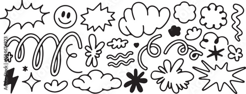doodles, vector, elements, cloud, swirl, spiral, smile, smiley face, shapes, design, art, hand drawn, cartoon, illustration, graphic, black and white, comic, scribble, starburst, thought bubble, burst