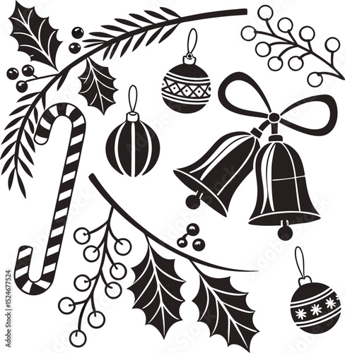 christmas icons with bells wreath sleigh and candles