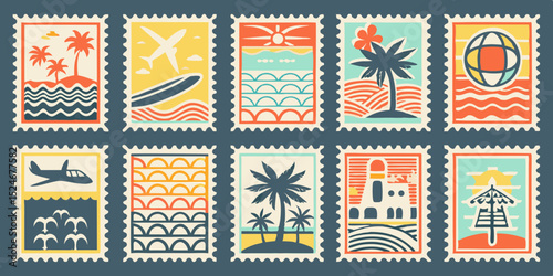 Collection of ten colorful vintage travel stamps featuring tropical islands airplanes ocean waves and iconic landmarks on a solid dark blue