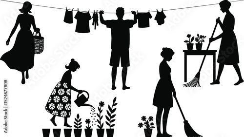 Silhouette of people doing daily chores, hanging laundry, sweeping, watering plants, grocery shopping, gardening at home, retro lifestyle vector illustration flat vector illustration