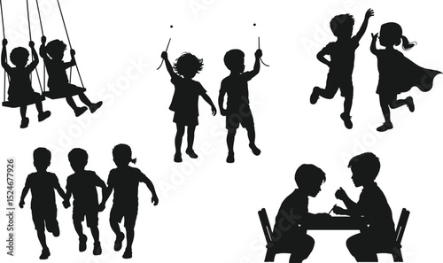 Silhouettes of children playing on swings, running, drawing at table, superhero roleplay, joyful childhood moments, black vector illustration, white background flat vector illustration