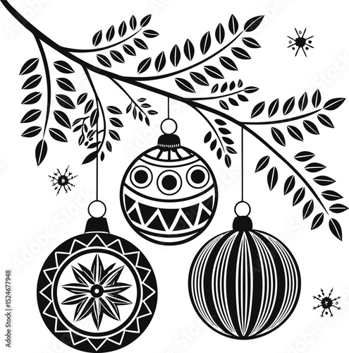 christmas tree branch with hanging ball ornaments
