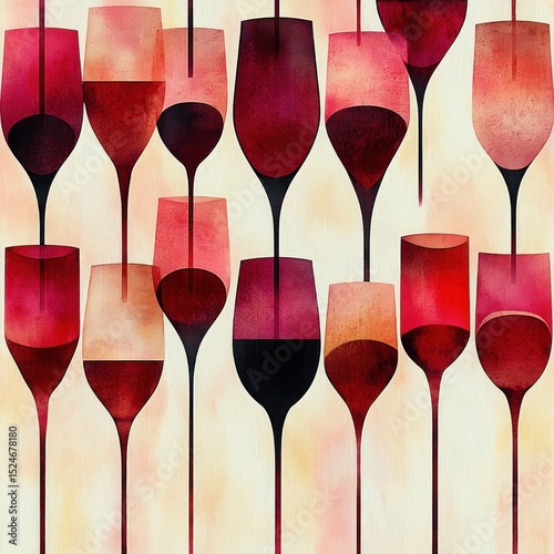 Abstract pattern of various red and dark wine glasses with long stems arranged closely against a soft beige background, evoking a warm and elegant atmosphere