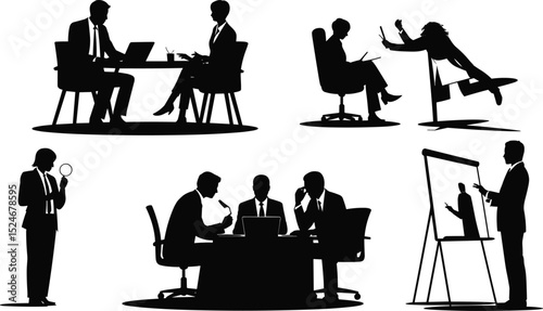 Silhouettes of business professionals working, discussing, analyzing data, presenting ideas, office teamwork, productivity, and workplace communication in modern settingflat vector illustration