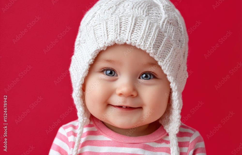Cute, smiling baby wearing a white hat and a pink-striped shirt against a red background Cute, smiling baby wearing a white hat and a pink-striped shirt against a red background