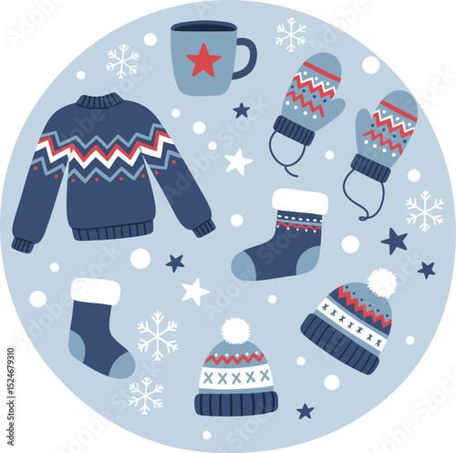 Christmas winter holiday seamless pattern with sweater, tea, snowflake, and winter decoration vector illustration