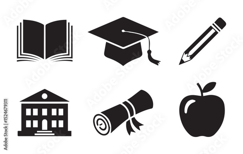 Comprehensive Black Education Icons: Learning, School, and Graduation Symbols