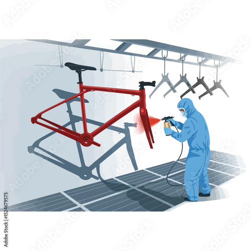 Bicycle frame painting process technician in protective suit spraying red paint onto a bicycle frame in an industrial workshop