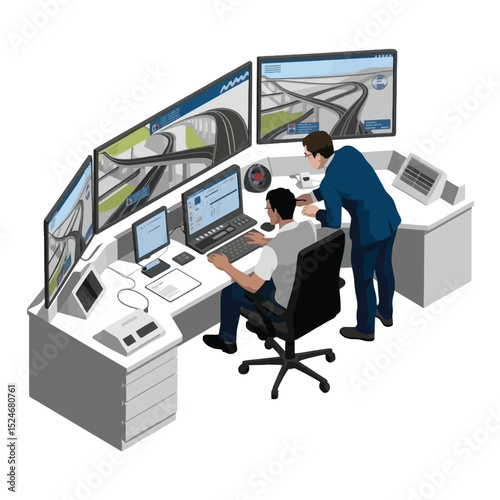 Control room specialists analyzing traffic data and highway monitoring information on multiple screens in a modern surveillance center