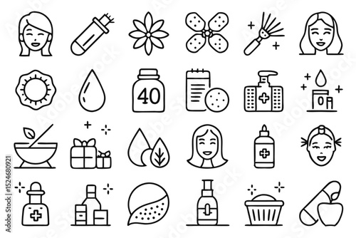 Collection of line icons for beauty relaxation hair and skin care isolated on transparent background