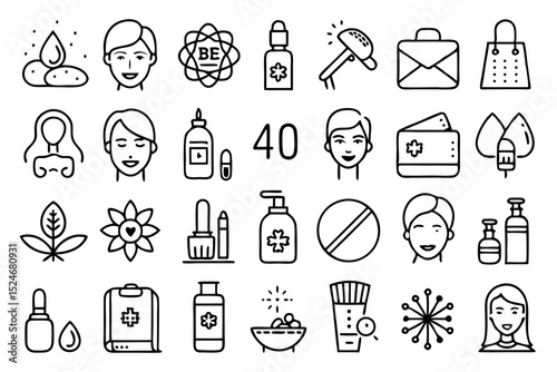 Collection of beauty relax care hair skin line icons isolated on transparent background