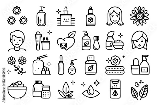 Collection of beauty relax care hair skin line icons isolated on transparent background