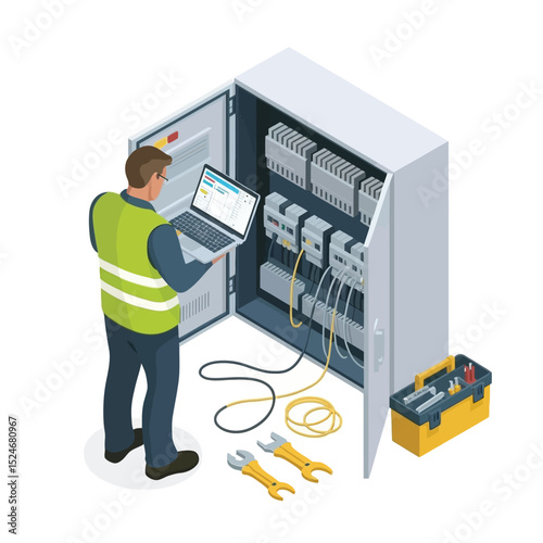 Electrical engineer inspecting a control panel using a laptop conducting diagnostics and maintenance in an isometric illustration
