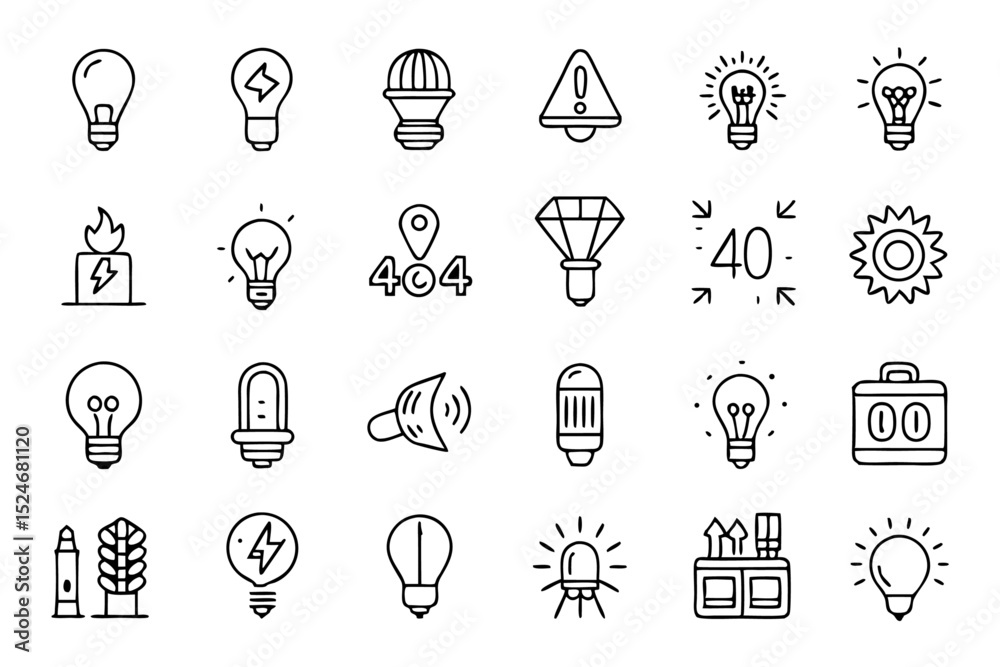 Collection of line icons depicting light bulbs lamps glass and energy sources isolated on transparent background