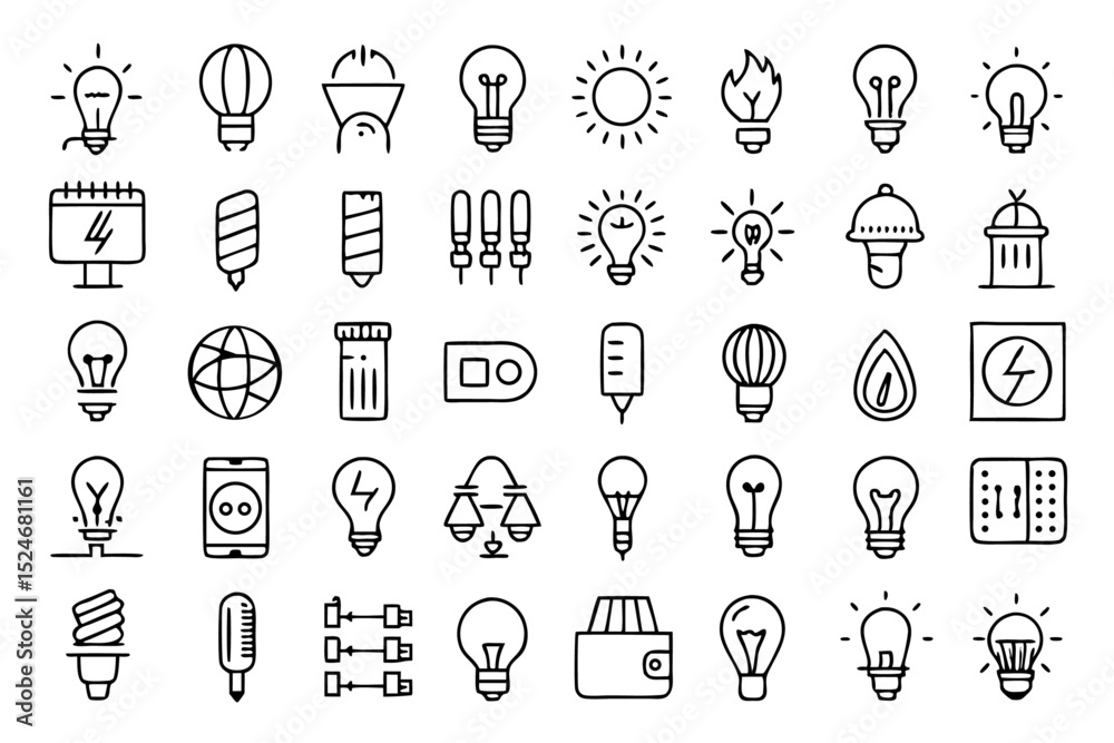 Collection of line icons depicting light bulbs lamps glass energy sources isolated on transparent background