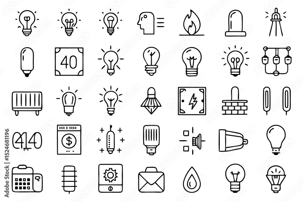Collection of line icons depicting light bulbs lamps glass and energy sources isolated on transparent background