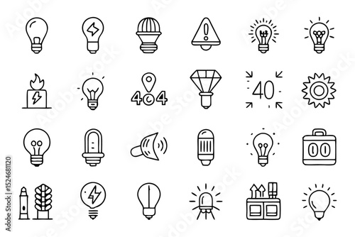 Collection of line icons depicting light bulbs lamps glass and energy sources isolated on transparent background