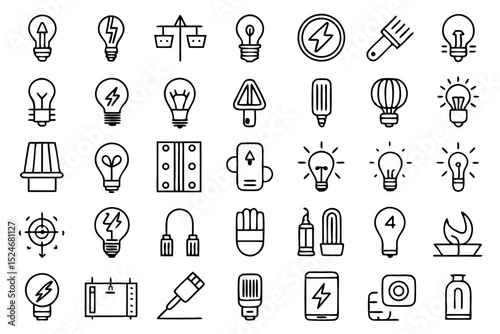 Set of line icons depicting bulb lamp light glass energy sources isolated on transparent background