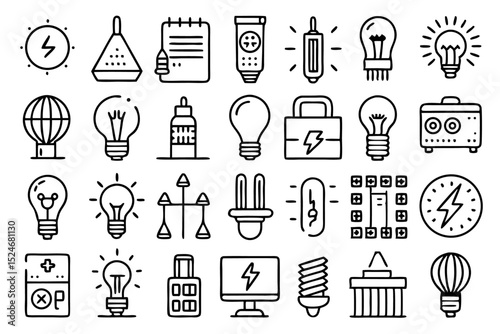 Collection of line icons depicting light bulbs lamps glass energy sources isolated on transparent background