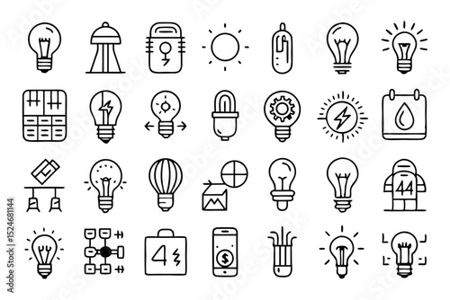 Collection of line icons depicting light bulbs lamps glass energy sources isolated on transparent background