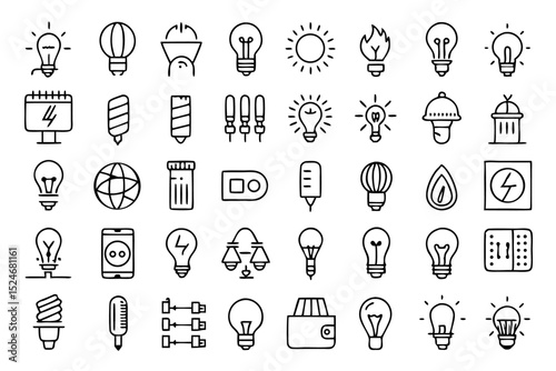 Collection of line icons depicting light bulbs lamps glass energy sources isolated on transparent background
