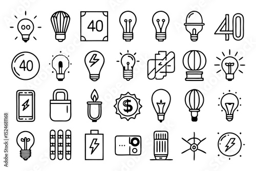 Collection of line icons depicting light bulbs lamps glass and energy sources isolated on transparent background