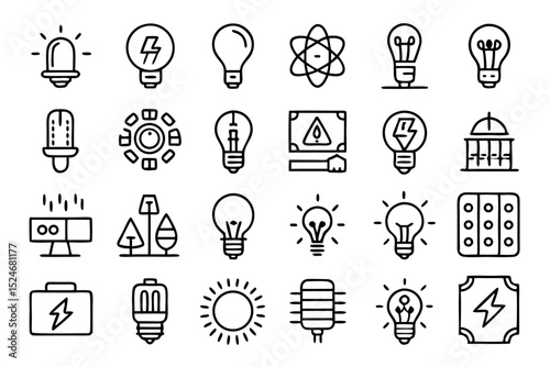 Collection of line icons depicting light bulbs lamps glass energy sources isolated on transparent background