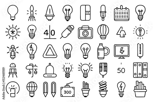 Collection of line icons depicting light bulbs lamps glass and energy sources isolated on transparent background