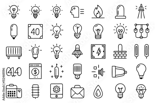 Collection of line icons depicting light bulbs lamps glass and energy sources isolated on transparent background