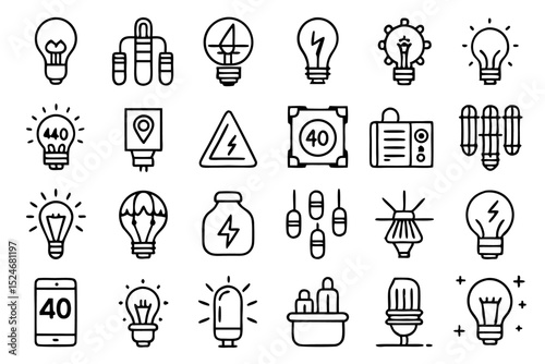 Set of line icons depicting bulb lamp light glass energy sources isolated on transparent background