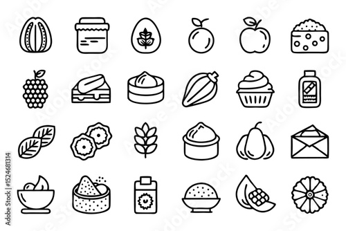 Collection of line icons depicting butter peanut hazelnut and coconut products isolated on transparent background