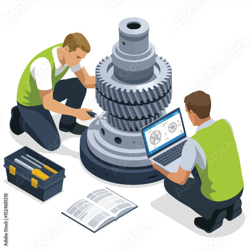 Engineers collaborate on a gear assembly design and repair with blueprint and laptop illustrations