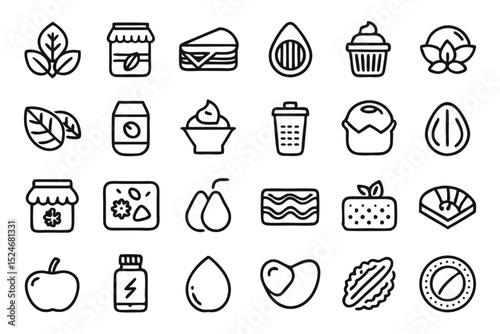 Collection of line icons depicting butter peanut hazelnut and coconut products isolated on transparent background