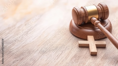 Religion and law symbolism with gavel and cross