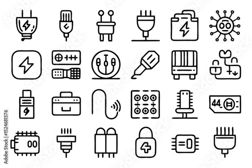 Collection of line icons depicting cable optical fiber plugs isolated on transparent background